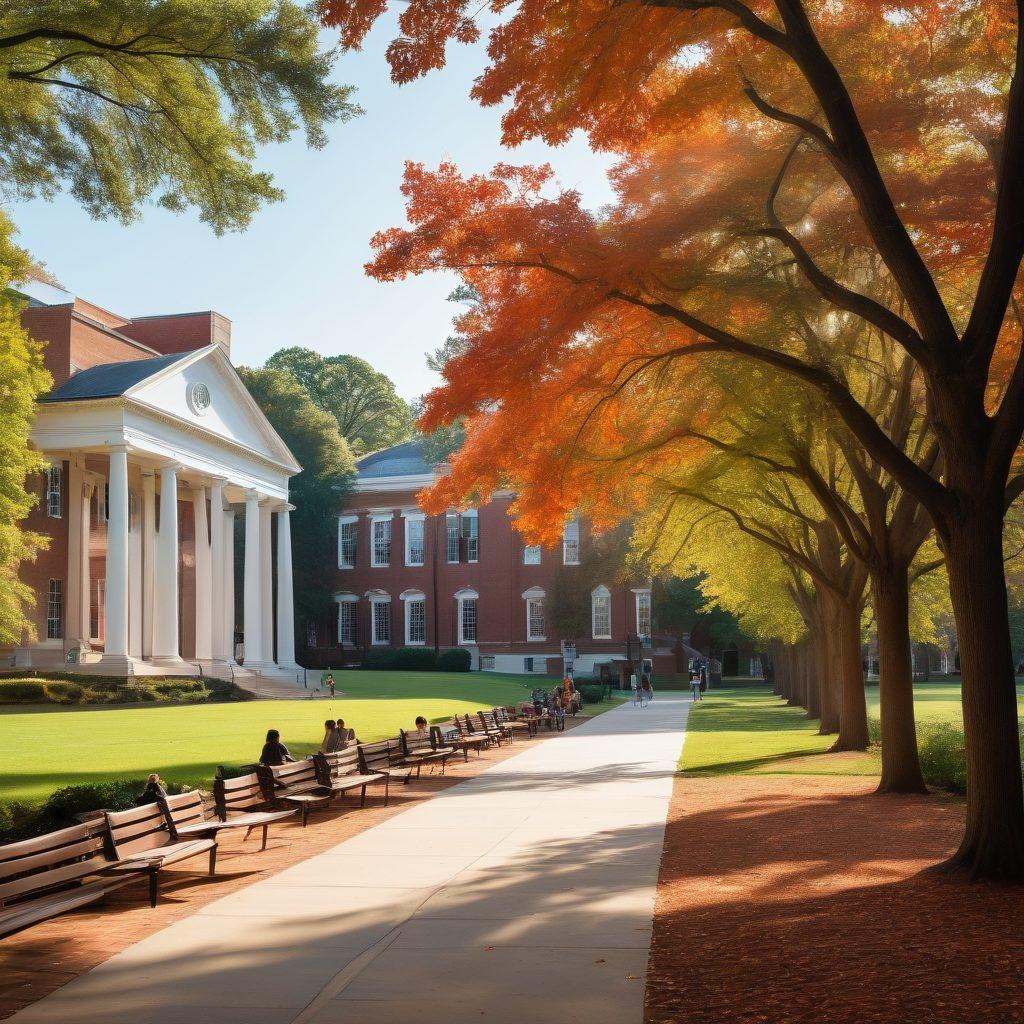 A serene landscape featuring the University of Virginia campus with students exploring various career opportunities, surrounded by trees and historical architecture. Include visuals of students engaged in discussions and looking at laptops, representing diverse fields such as technology, arts, and sciences, all under a bright sunny sky. An open pathway symbolizes the journey of discovering a dream job. vibrant colors. picturesque style.