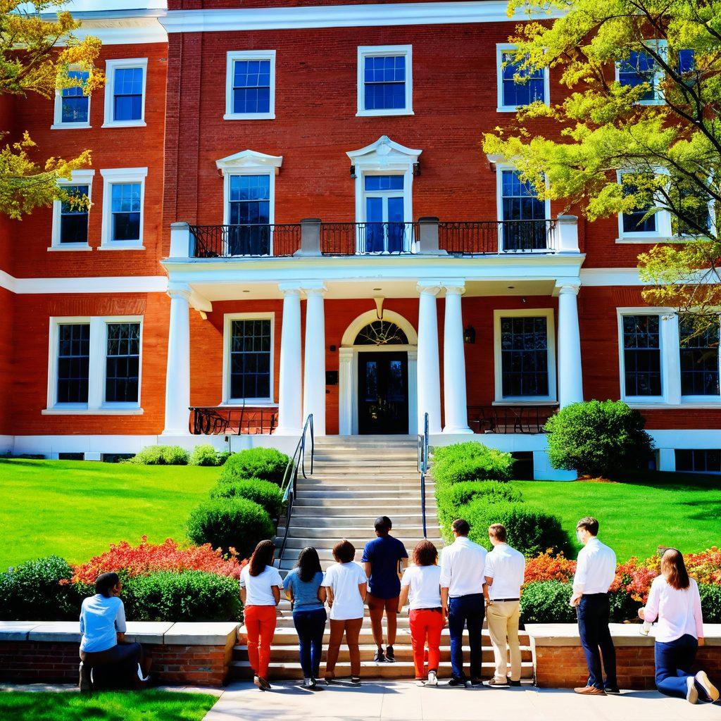 A vibrant university campus scene featuring diverse students engaged in various activities like networking, attending seminars, and collaborating on projects. Include elements that represent growth, such as blooming flowers or a ladder symbolizing career advancement. In the backdrop, have iconic UVA architecture to emphasize the location. The atmosphere should feel energetic and inspiring, showcasing a transition from learning to professional life. super-realistic. vibrant colors. white background.